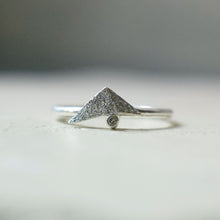 Load image into Gallery viewer, Beautiful unusual diamond ring. A folded silver triangle sits on top of a champagne diamond. The folded triangle is made in recycled sterling silver and has a rough, raw, rustic, organic texture. The ring has a delicate slim band. Handmade in Copenhagen by Scottish artist Caroline Cloughley.